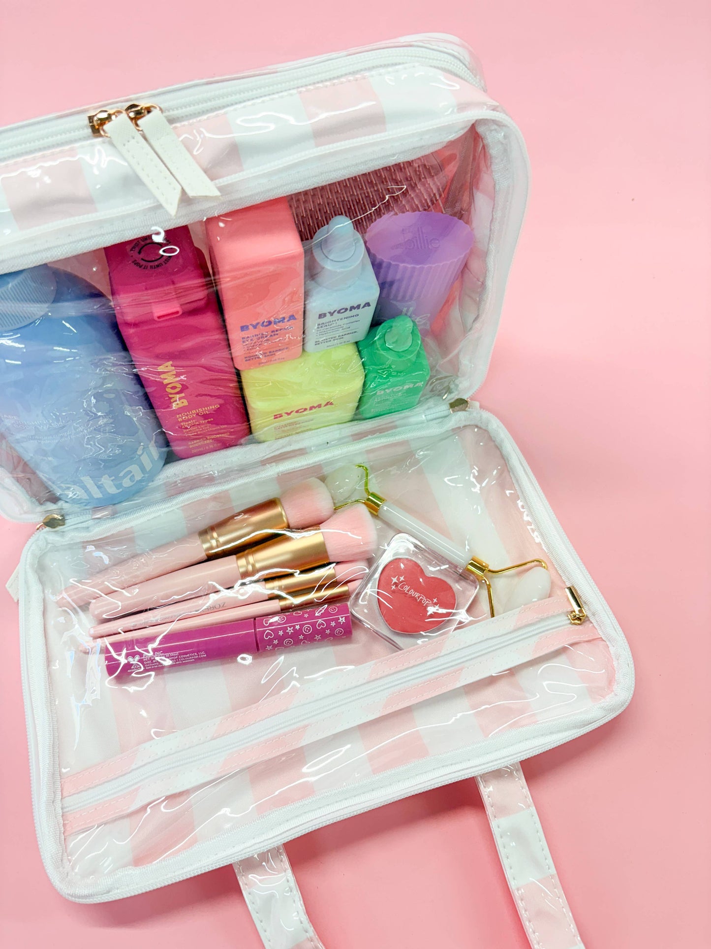 Gloss & Go - Colorful Stripe Wipeable Travel Cosmetic Case: White/Pink