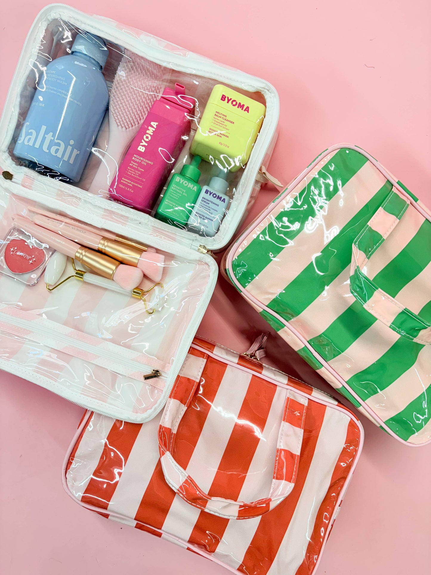 Gloss & Go - Colorful Stripe Wipeable Travel Cosmetic Case: White/Pink
