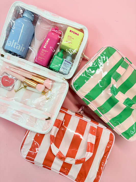 Gloss & Go - Colorful Stripe Wipeable Travel Cosmetic Case: White/Pink