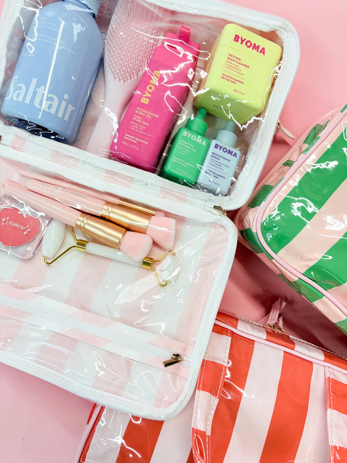 Gloss & Go - Colorful Stripe Wipeable Travel Cosmetic Case: White/Pink