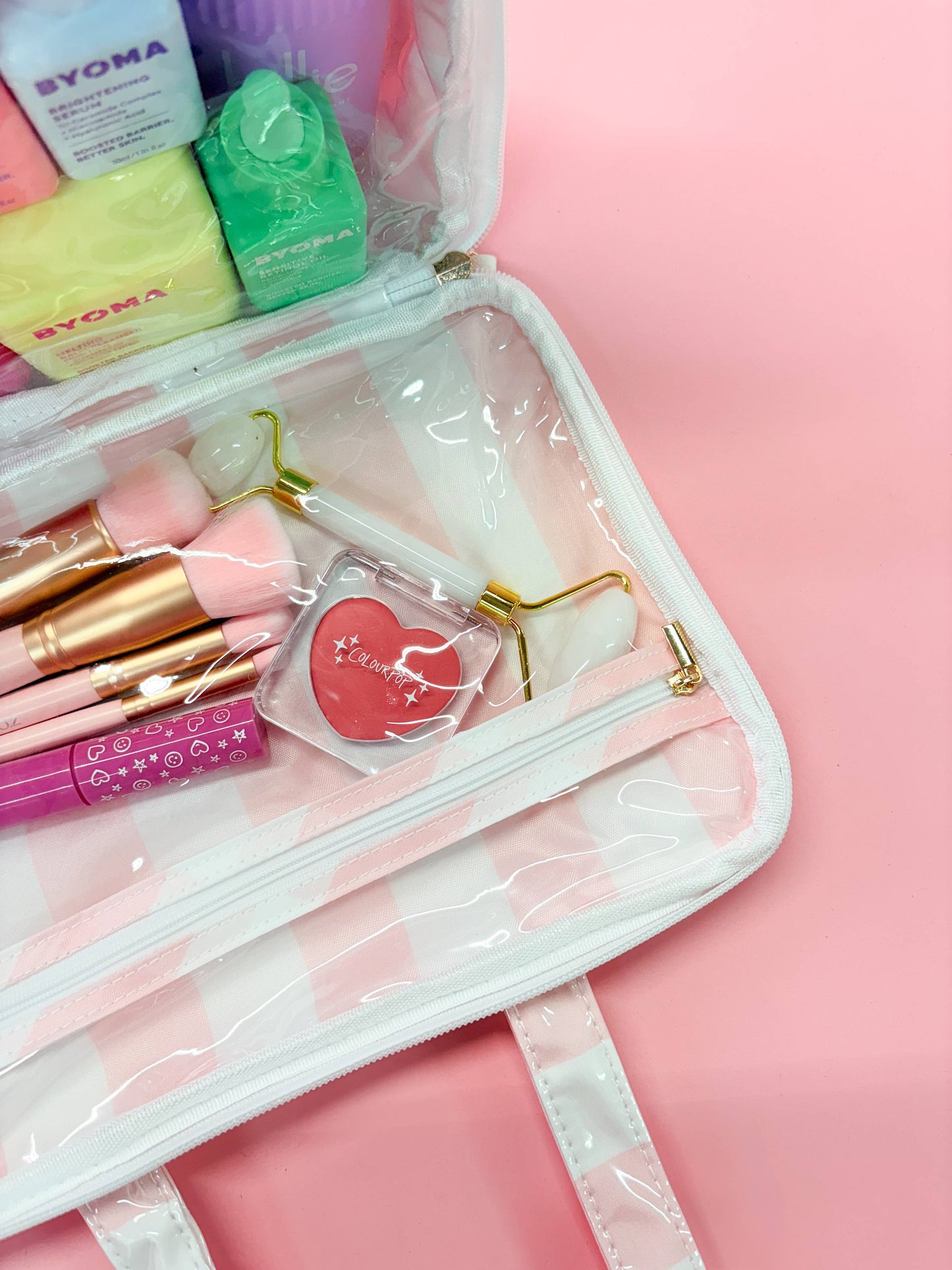 Gloss & Go - Colorful Stripe Wipeable Travel Cosmetic Case: White/Pink