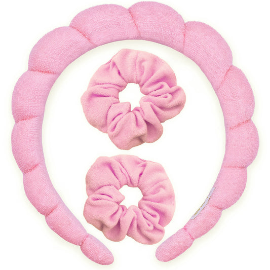 Spa Headband - Skincare Headband & Scrunchie Wristband Set: Pink
