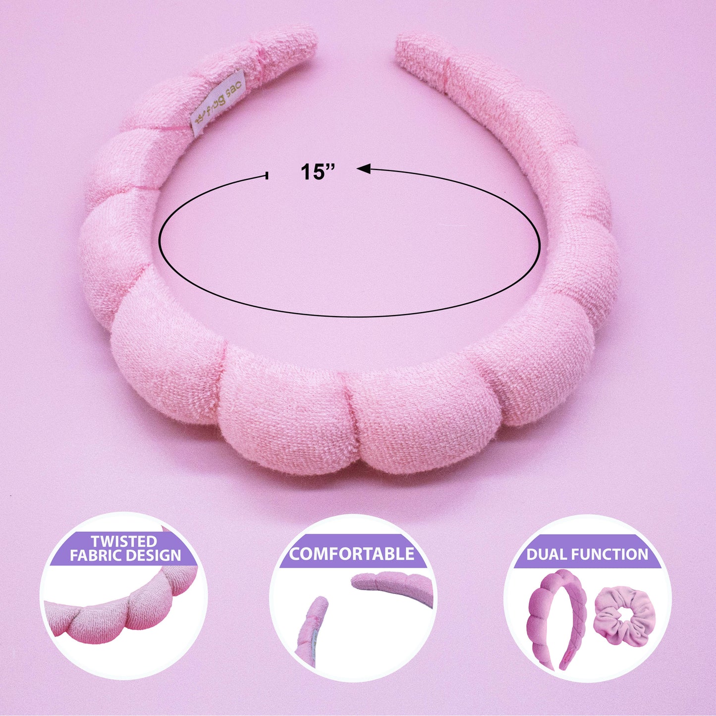 Spa Headband - Skincare Headband & Scrunchie Wristband Set: Pink