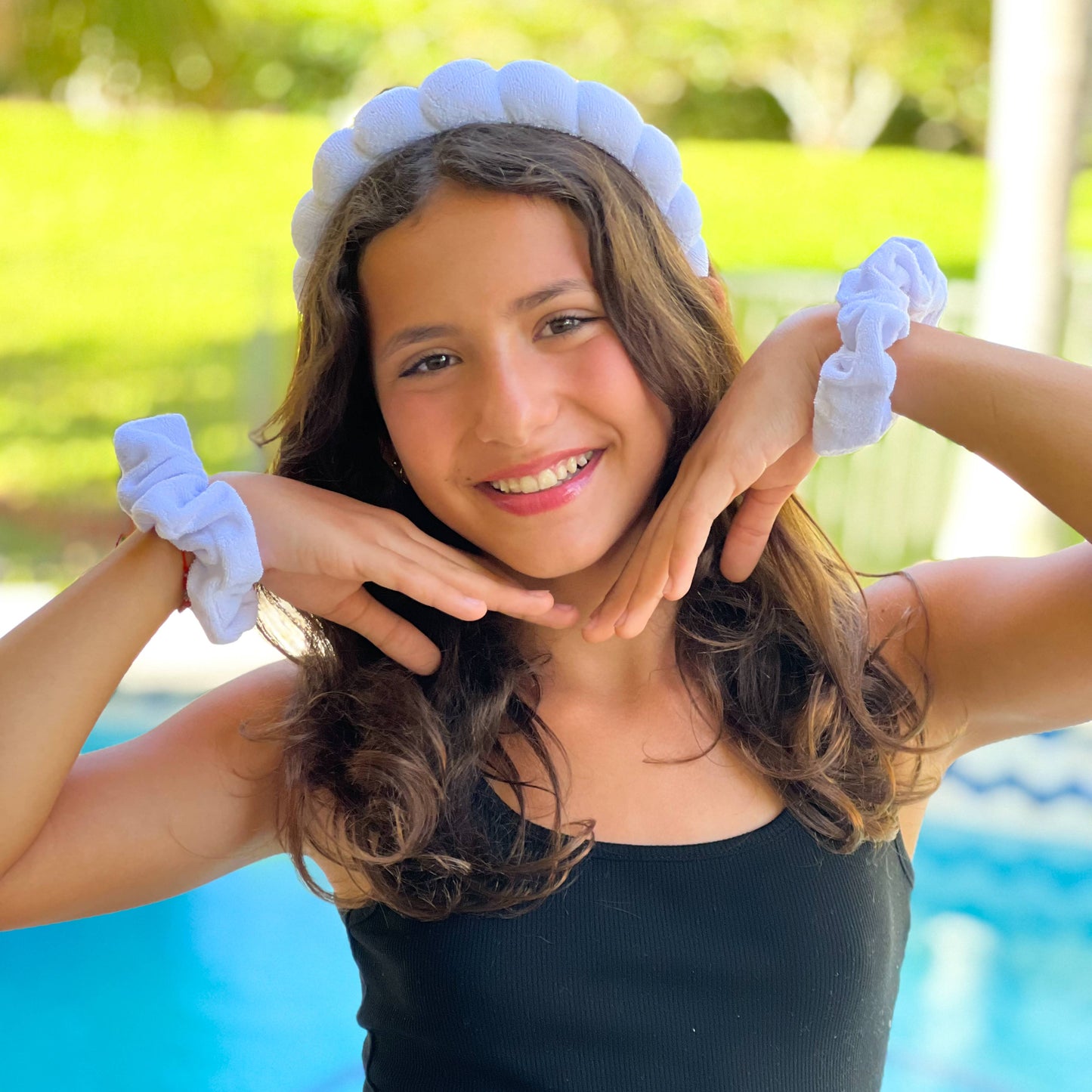Spa Headband - Skincare Headband & Scrunchie Wristband Set: Pink